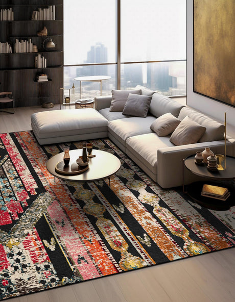 Multicolor Black 10' x 10' Outdoor Casablanca Square Area Rug Weather Resistant for Patio, Deck, Terrace, Balcony, Porch Polypropylene Vivid Colorful Modern Carpet for Sale at Rug Engine