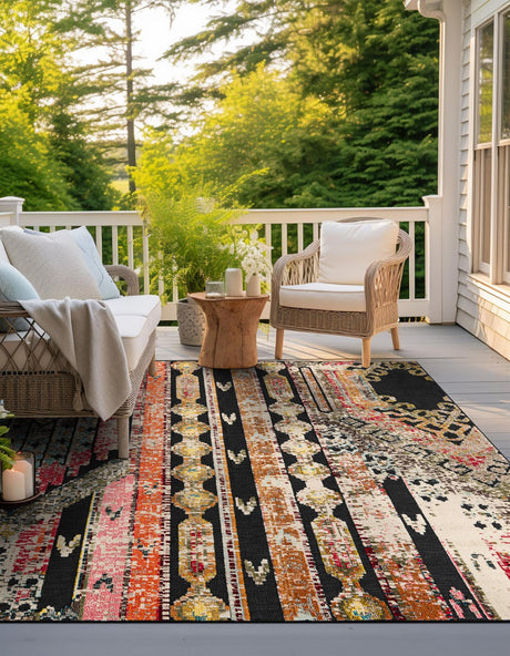 Multicolor Black 7' 10 x 7' 10 Outdoor Casablanca Square Area Rug Weather Resistant for Patio, Deck, Terrace, Balcony, Porch Polypropylene Vivid Colorful Modern Carpet for Sale at Rug Engine