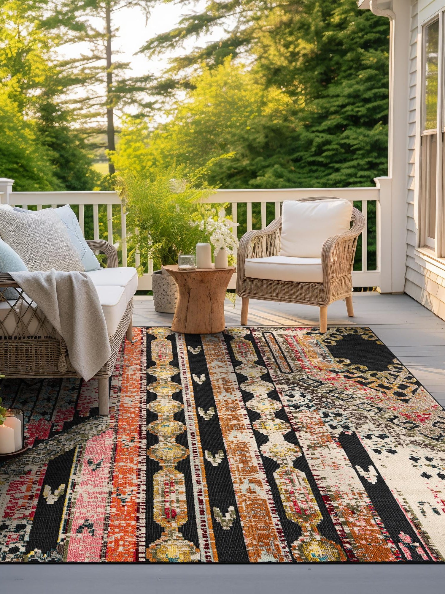 Multicolor Black 10' x 10' Outdoor Casablanca Square Area Rug Weather Resistant for Patio, Deck, Terrace, Balcony, Porch Polypropylene Vivid Colorful Modern Carpet for Sale at Rug Engine