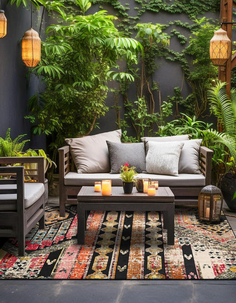 Multicolor Black 7' 10 x 7' 10 Outdoor Casablanca Square Area Rug Weather Resistant for Patio, Deck, Terrace, Balcony, Porch Polypropylene Vivid Colorful Modern Carpet for Sale at Rug Engine