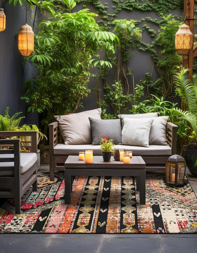 Multicolor Black 7' 10 x 7' 10 Outdoor Casablanca Square Area Rug Weather Resistant for Patio, Deck, Terrace, Balcony, Porch Polypropylene Vivid Colorful Modern Carpet for Sale at Rug Engine