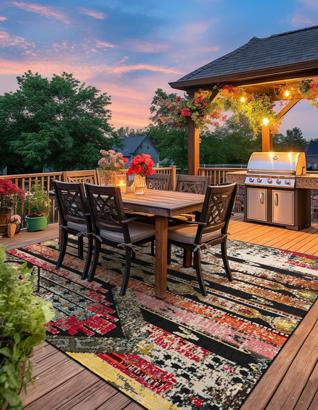 Multicolor Black 7' 10 x 7' 10 Outdoor Casablanca Square Area Rug Weather Resistant for Patio, Deck, Terrace, Balcony, Porch Polypropylene Vivid Colorful Modern Carpet for Sale at Rug Engine