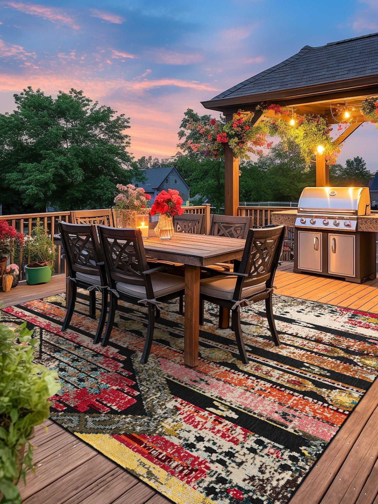 Multicolor Black 10' x 10' Outdoor Casablanca Square Area Rug Weather Resistant for Patio, Deck, Terrace, Balcony, Porch Polypropylene Vivid Colorful Modern Carpet for Sale at Rug Engine