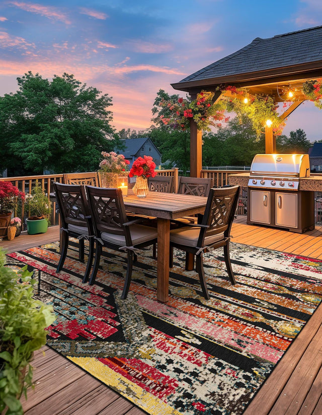 Multicolor Black 10' x 10' Outdoor Casablanca Square Area Rug Weather Resistant for Patio, Deck, Terrace, Balcony, Porch Polypropylene Vivid Colorful Modern Carpet for Sale at Rug Engine