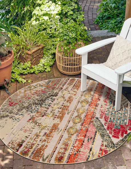 Multicolor Beige 6' 1 x 6' 1 Outdoor Casablanca Round Area Rug Weather Resistant for Patio, Deck, Terrace, Balcony, Porch Polypropylene Vivid Colorful Modern Carpet for Sale at Rug Engine