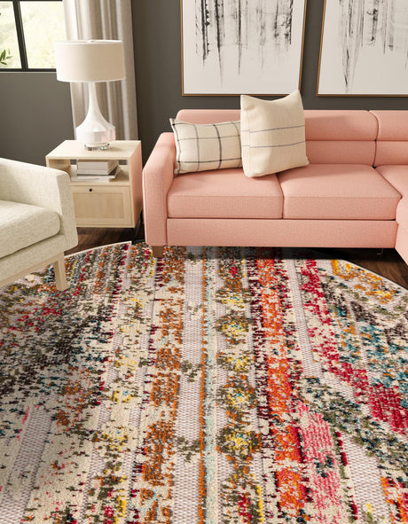 Multicolor Beige 7' 10 x 7' 10 Outdoor Casablanca Round Area Rug Weather Resistant for Patio, Deck, Terrace, Balcony, Porch Polypropylene Vivid Colorful Modern Carpet for Sale at Rug Engine