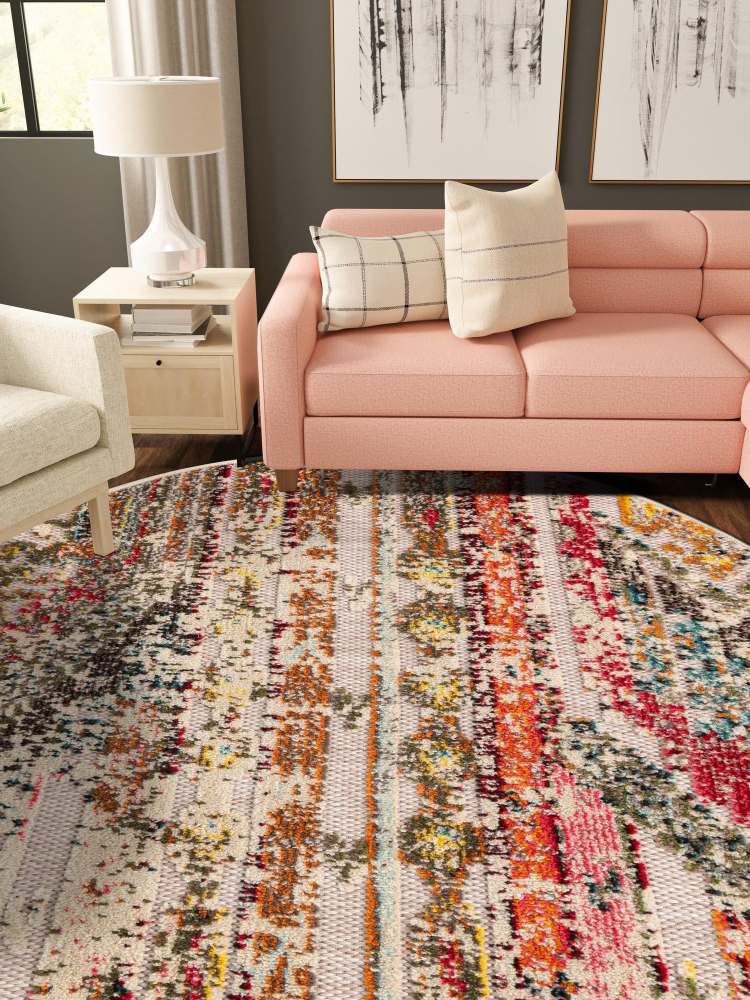 Multicolor Beige 3' 1 x 3' 1 Outdoor Casablanca Round Area Rug Weather Resistant for Patio, Deck, Terrace, Balcony, Porch Polypropylene Vivid Colorful Modern Carpet for Sale at Rug Engine
