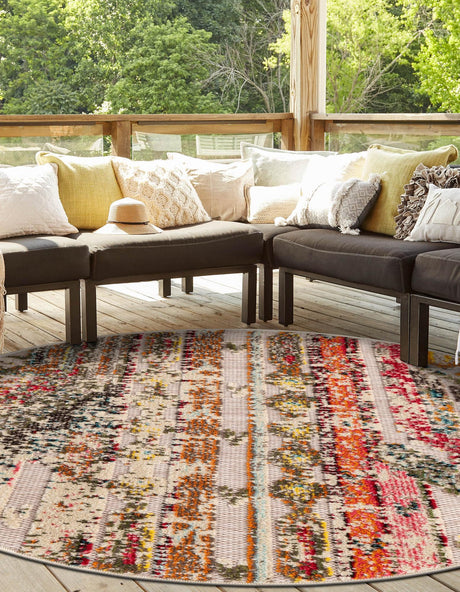 Multicolor Beige 3' 1 x 3' 1 Outdoor Casablanca Round Area Rug Weather Resistant for Patio, Deck, Terrace, Balcony, Porch Polypropylene Vivid Colorful Modern Carpet for Sale at Rug Engine