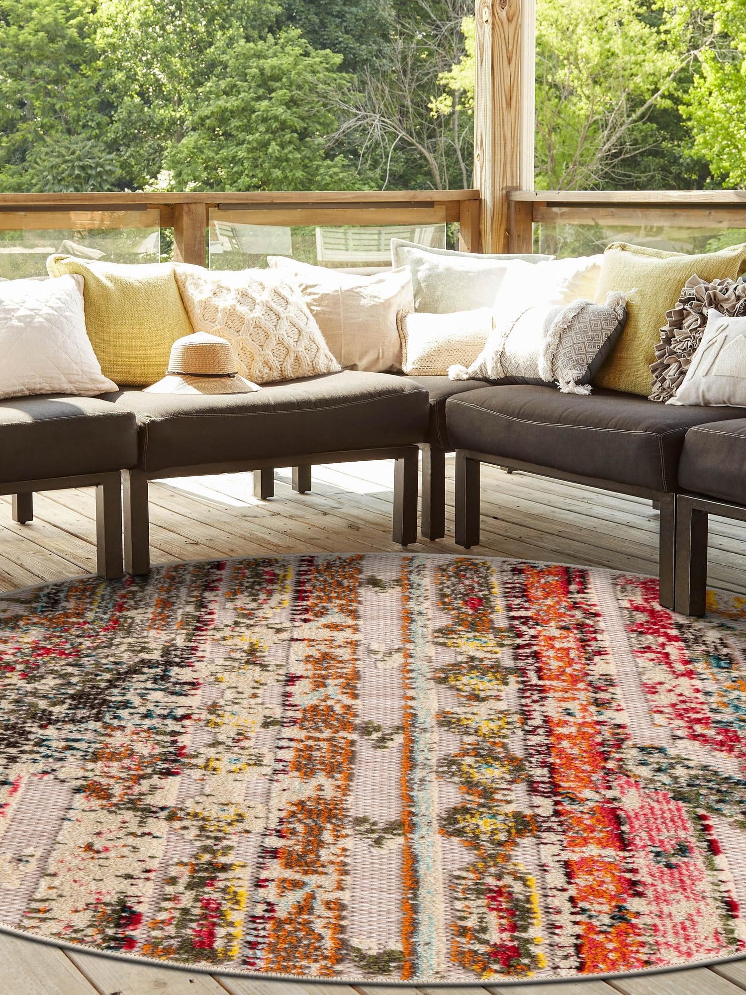 Multicolor Beige 7' 10 x 7' 10 Outdoor Casablanca Round Area Rug Weather Resistant for Patio, Deck, Terrace, Balcony, Porch Polypropylene Vivid Colorful Modern Carpet for Sale at Rug Engine