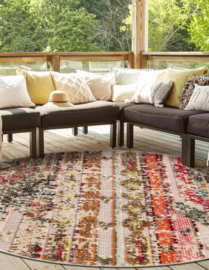 Multicolor Beige 7' 10 x 7' 10 Outdoor Casablanca Round Area Rug Weather Resistant for Patio, Deck, Terrace, Balcony, Porch Polypropylene Vivid Colorful Modern Carpet for Sale at Rug Engine