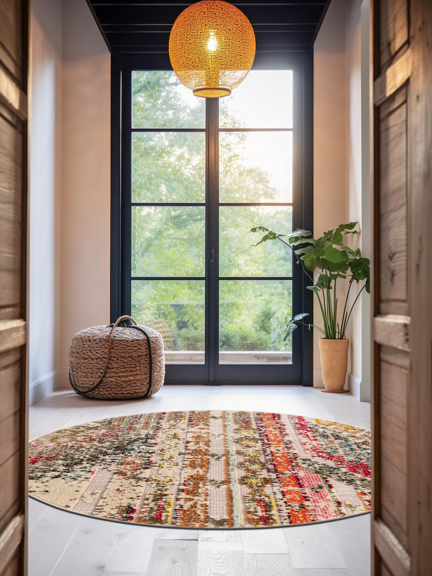 Multicolor Beige 7' 10 x 7' 10 Outdoor Casablanca Round Area Rug Weather Resistant for Patio, Deck, Terrace, Balcony, Porch Polypropylene Vivid Colorful Modern Carpet for Sale at Rug Engine