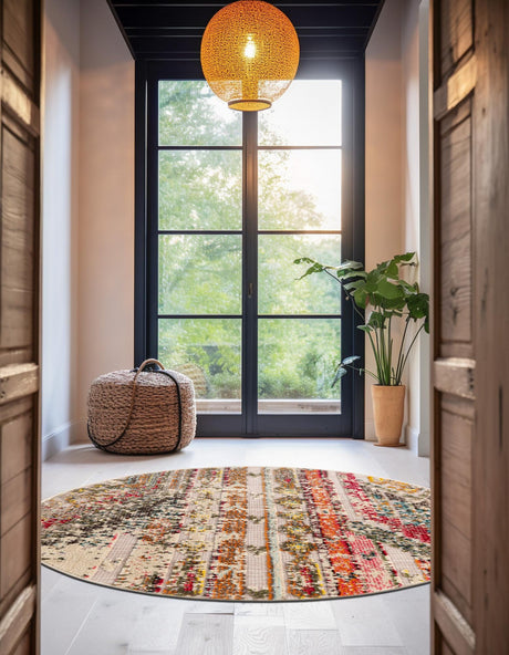 Multicolor Beige 3' 1 x 3' 1 Outdoor Casablanca Round Area Rug Weather Resistant for Patio, Deck, Terrace, Balcony, Porch Polypropylene Vivid Colorful Modern Carpet for Sale at Rug Engine