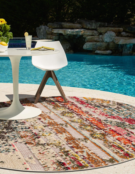 Multicolor Beige 3' 1 x 3' 1 Outdoor Casablanca Round Area Rug Weather Resistant for Patio, Deck, Terrace, Balcony, Porch Polypropylene Vivid Colorful Modern Carpet for Sale at Rug Engine