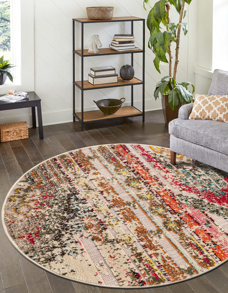 Multicolor Beige 7' 10 x 7' 10 Outdoor Casablanca Round Area Rug Weather Resistant for Patio, Deck, Terrace, Balcony, Porch Polypropylene Vivid Colorful Modern Carpet for Sale at Rug Engine