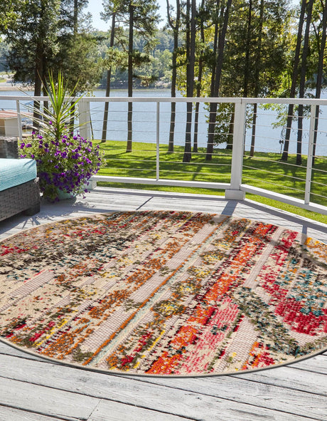 Multicolor Beige 7' 10 x 7' 10 Outdoor Casablanca Round Area Rug Weather Resistant for Patio, Deck, Terrace, Balcony, Porch Polypropylene Vivid Colorful Modern Carpet for Sale at Rug Engine