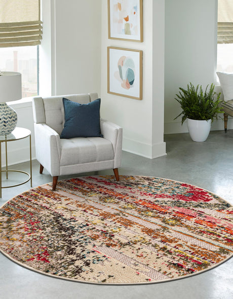 Multicolor Beige 6' 1 x 6' 1 Outdoor Casablanca Round Area Rug Weather Resistant for Patio, Deck, Terrace, Balcony, Porch Polypropylene Vivid Colorful Modern Carpet for Sale at Rug Engine