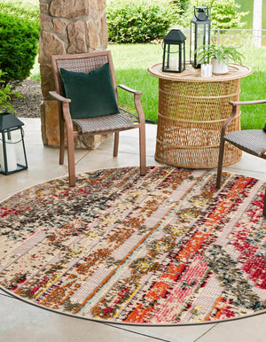 Multicolor Beige 6' 1 x 6' 1 Outdoor Casablanca Round Area Rug Weather Resistant for Patio, Deck, Terrace, Balcony, Porch Polypropylene Vivid Colorful Modern Carpet for Sale at Rug Engine