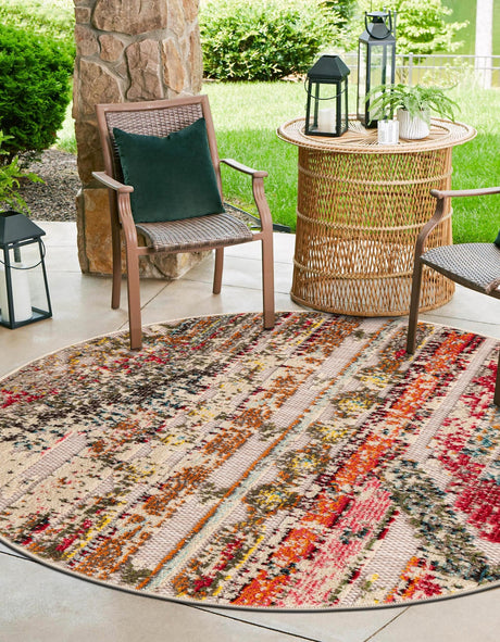 Multicolor Beige 6' 1 x 6' 1 Outdoor Casablanca Round Area Rug Weather Resistant for Patio, Deck, Terrace, Balcony, Porch Polypropylene Vivid Colorful Modern Carpet for Sale at Rug Engine