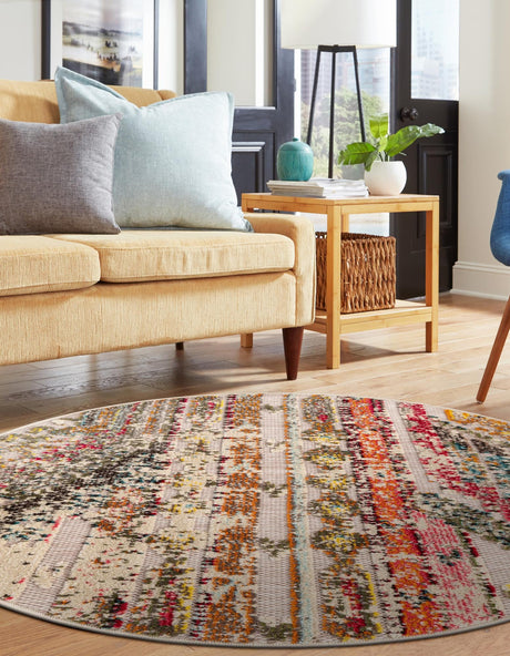 Multicolor Beige 6' 1 x 6' 1 Outdoor Casablanca Round Area Rug Weather Resistant for Patio, Deck, Terrace, Balcony, Porch Polypropylene Vivid Colorful Modern Carpet for Sale at Rug Engine