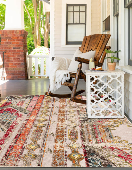 Multicolor Beige 7' 10 x 10' Outdoor Casablanca Rectangle Area Rug Weather Resistant for Patio, Deck, Terrace, Balcony, Porch Polypropylene Vivid Colorful Modern Carpet for Sale at Rug Engine