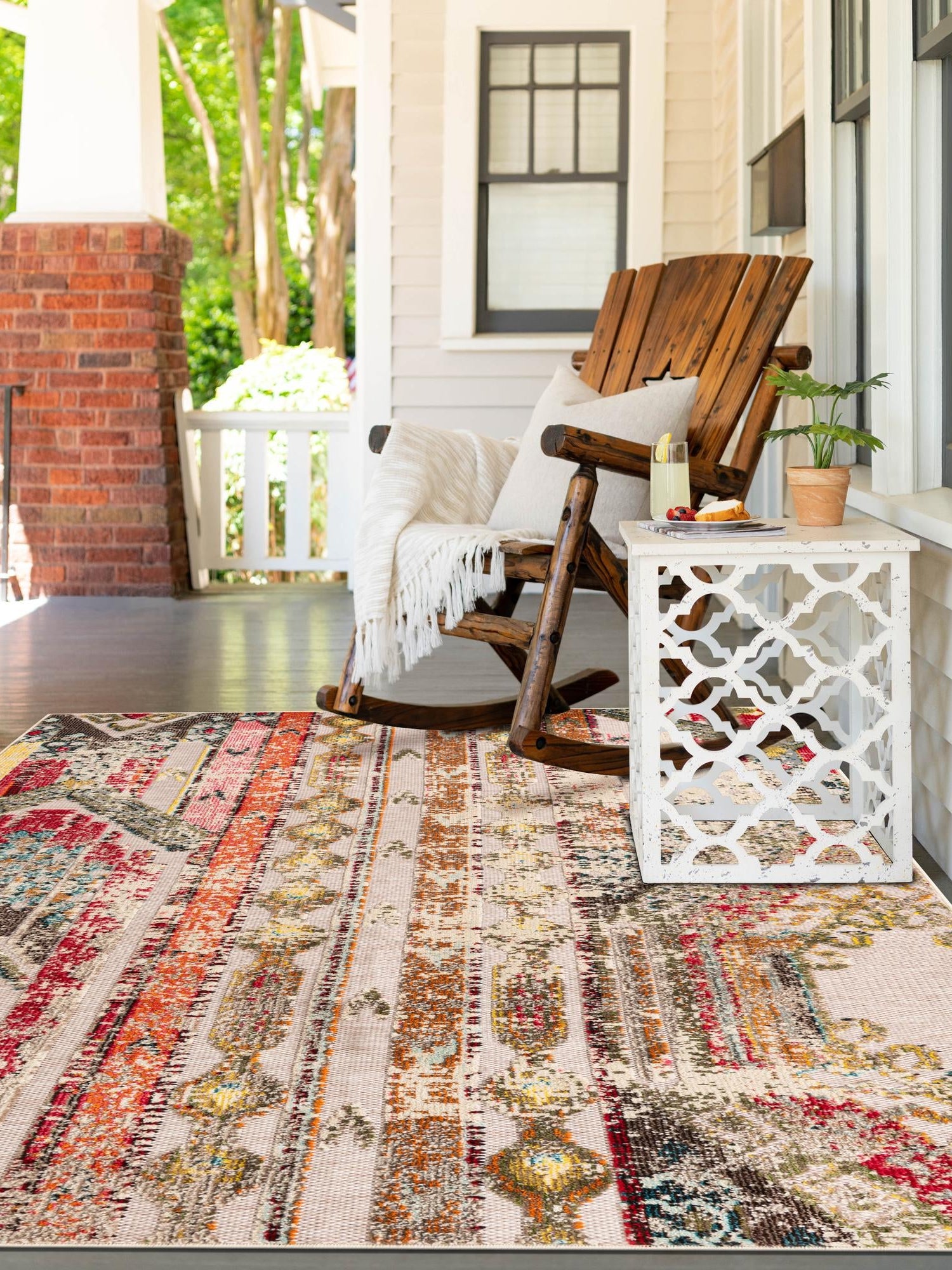 Multicolor Beige 5' 3 x 8' Outdoor Casablanca Rectangle Area Rug Weather Resistant for Patio, Deck, Terrace, Balcony, Porch Polypropylene Vivid Colorful Modern Carpet for Sale at Rug Engine