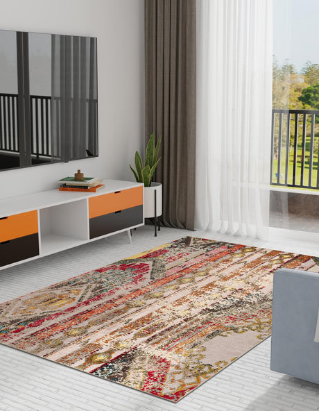 Multicolor Beige 7' 10 x 10' Outdoor Casablanca Rectangle Area Rug Weather Resistant for Patio, Deck, Terrace, Balcony, Porch Polypropylene Vivid Colorful Modern Carpet for Sale at Rug Engine