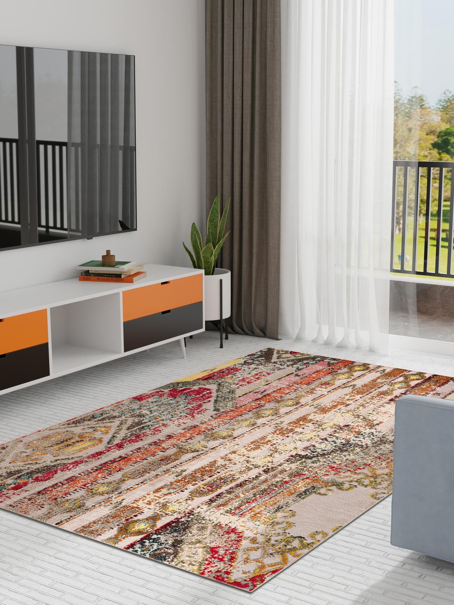 Multicolor Beige 4' 1 x 6' 1 Outdoor Casablanca Rectangle Area Rug Weather Resistant for Patio, Deck, Terrace, Balcony, Porch Polypropylene Vivid Colorful Modern Carpet for Sale at Rug Engine
