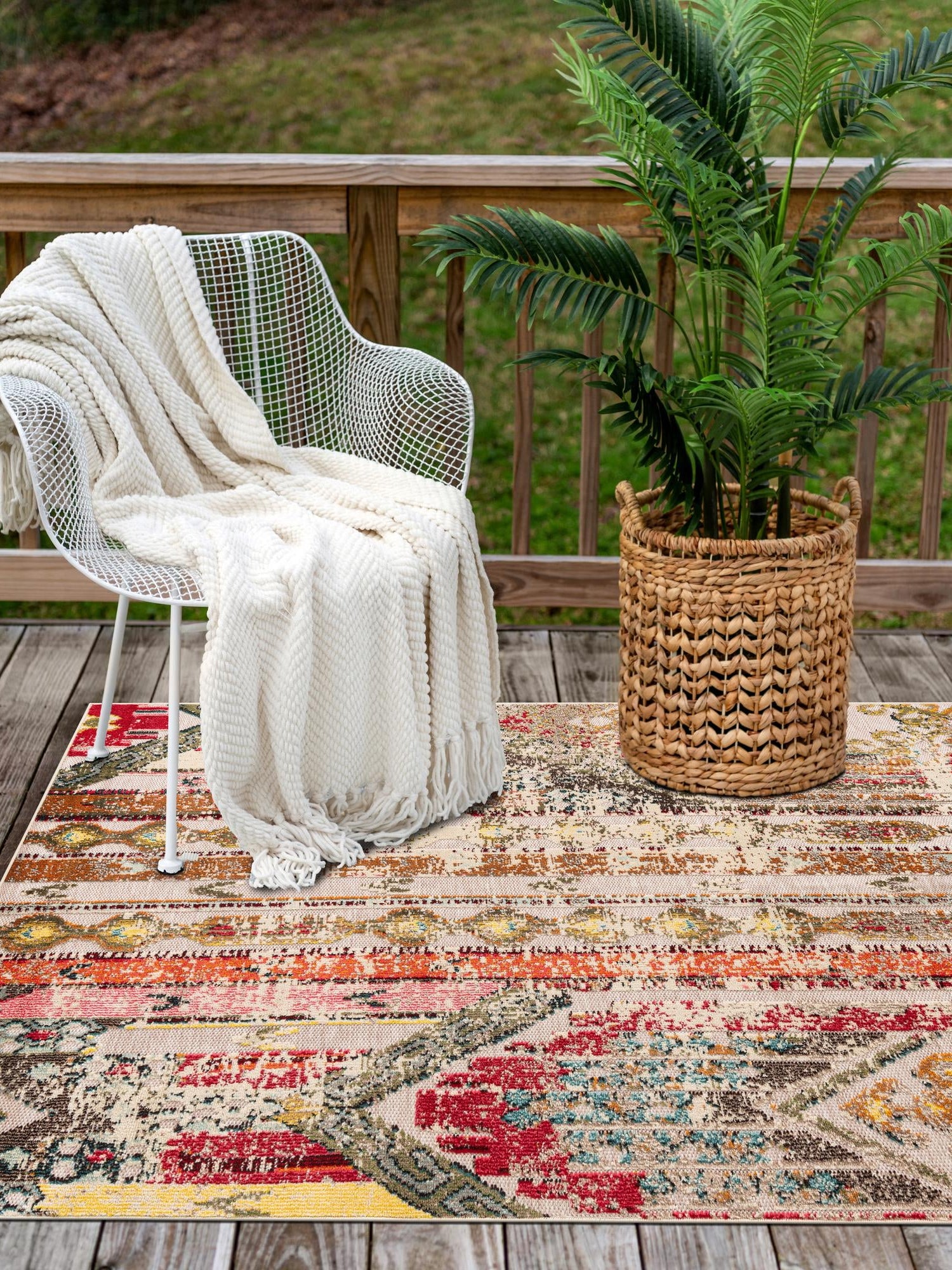 Multicolor Beige 6' 1 x 9' Outdoor Casablanca Rectangle Area Rug Weather Resistant for Patio, Deck, Terrace, Balcony, Porch Polypropylene Vivid Colorful Modern Carpet for Sale at Rug Engine