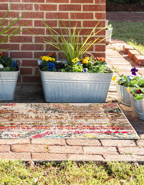 Multicolor Beige 2' 7 x 10' Outdoor Casablanca Runner Area Rug Weather Resistant for Patio, Deck, Terrace, Balcony, Porch Polypropylene Vivid Colorful Modern Carpet for Sale at Rug Engine