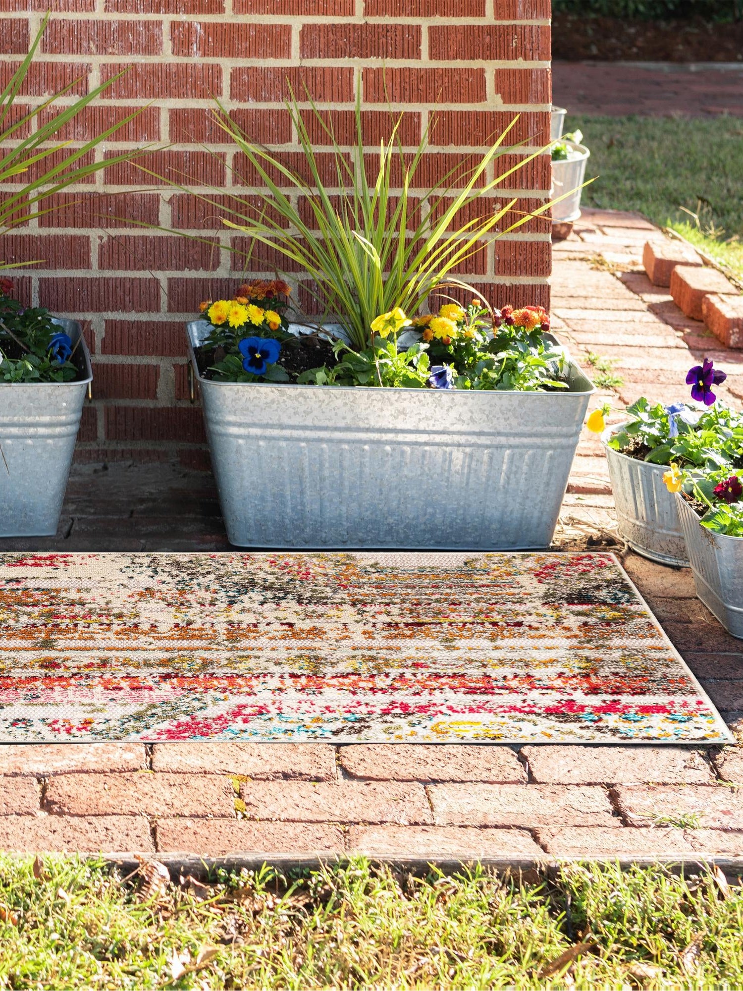 Multicolor Beige 2' x 6' 1 Outdoor Casablanca Runner Area Rug Weather Resistant for Patio, Deck, Terrace, Balcony, Porch Polypropylene Vivid Colorful Modern Carpet for Sale at Rug Engine