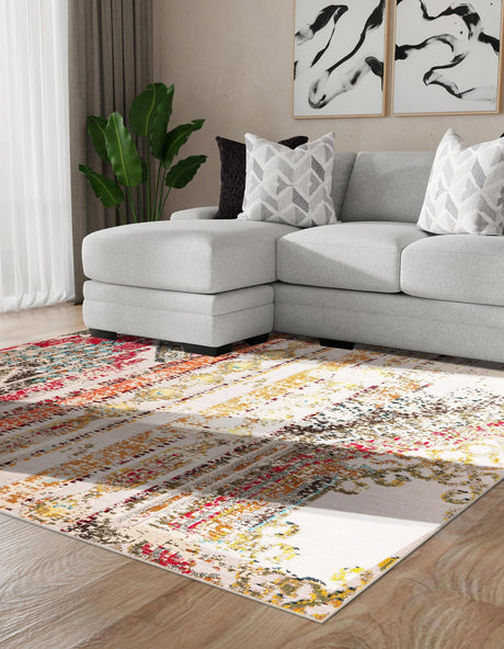 Multicolor Beige 7' 10 x 7' 10 Outdoor Casablanca Square Area Rug Weather Resistant for Patio, Deck, Terrace, Balcony, Porch Polypropylene Vivid Colorful Modern Carpet for Sale at Rug Engine