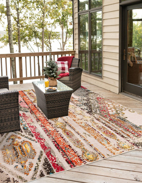 Multicolor Beige 7' 10 x 7' 10 Outdoor Casablanca Square Area Rug Weather Resistant for Patio, Deck, Terrace, Balcony, Porch Polypropylene Vivid Colorful Modern Carpet for Sale at Rug Engine