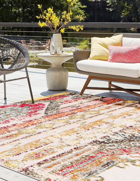 Multicolor Beige 10' x 10' Outdoor Casablanca Square Area Rug Weather Resistant for Patio, Deck, Terrace, Balcony, Porch Polypropylene Vivid Colorful Modern Carpet for Sale at Rug Engine