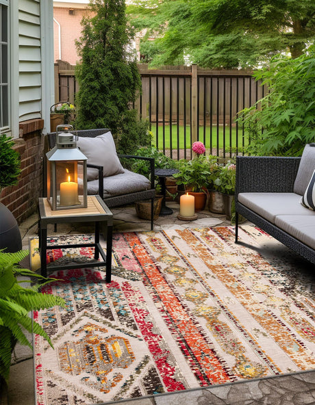 Multicolor Beige 7' 10 x 7' 10 Outdoor Casablanca Square Area Rug Weather Resistant for Patio, Deck, Terrace, Balcony, Porch Polypropylene Vivid Colorful Modern Carpet for Sale at Rug Engine