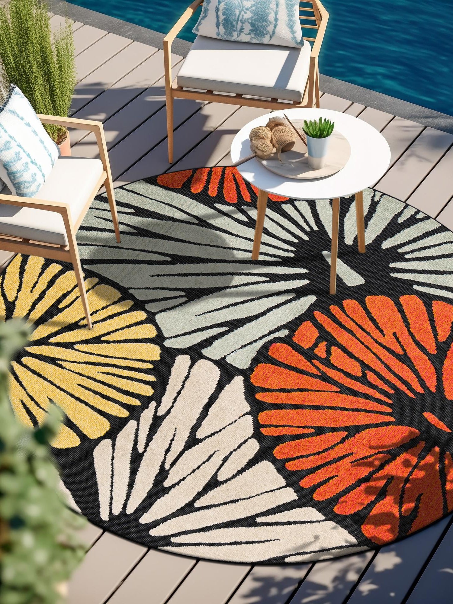 Multicolor 7' 10 x 7' 10 Outdoor Casablanca Round Area Rug Weather Resistant for Patio, Deck, Terrace, Balcony, Porch Polypropylene Vivid Colorful Modern Carpet for Sale at Rug Engine