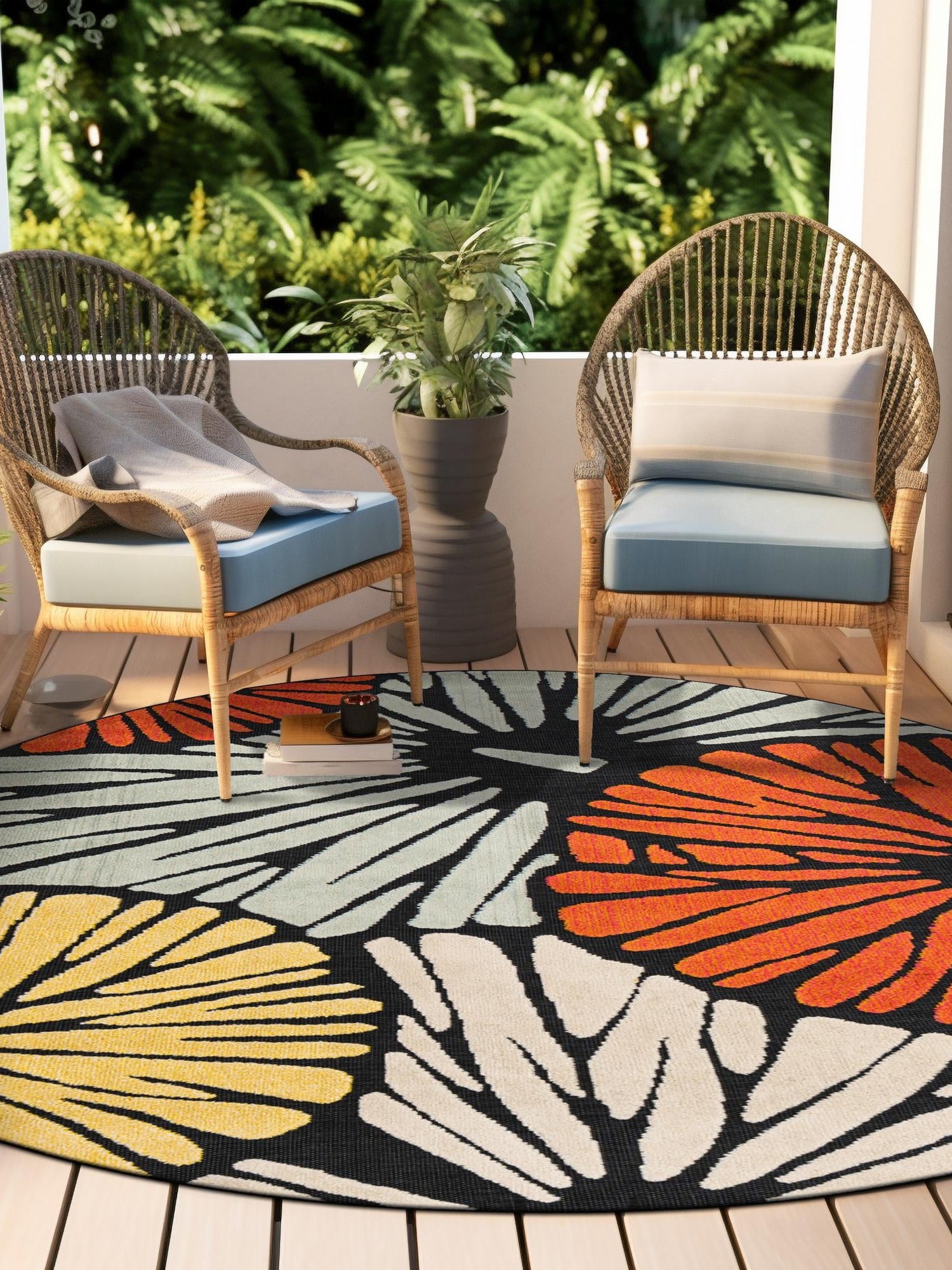 Multicolor 7' 10 x 7' 10 Outdoor Casablanca Round Area Rug Weather Resistant for Patio, Deck, Terrace, Balcony, Porch Polypropylene Vivid Colorful Modern Carpet for Sale at Rug Engine