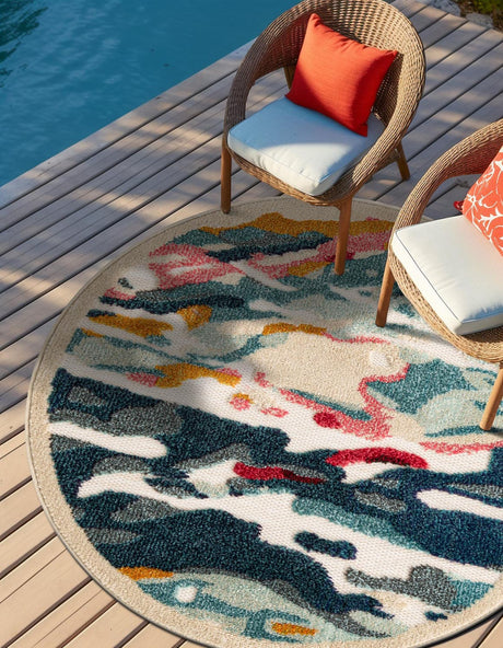 Multicolor 3' 1 x 3' 1 Outdoor Casablanca Round Area Rug Weather Resistant for Patio, Deck, Terrace, Balcony, Porch Polypropylene Vivid Colorful Modern Carpet for Sale at Rug Engine