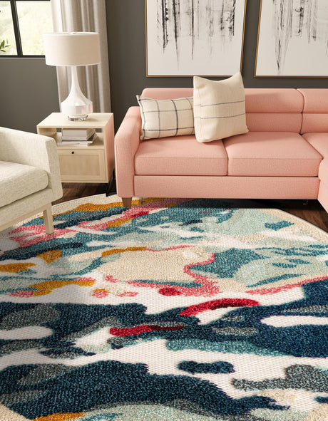 Multicolor 7' 10 x 7' 10 Outdoor Casablanca Round Area Rug Weather Resistant for Patio, Deck, Terrace, Balcony, Porch Polypropylene Vivid Colorful Modern Carpet for Sale at Rug Engine