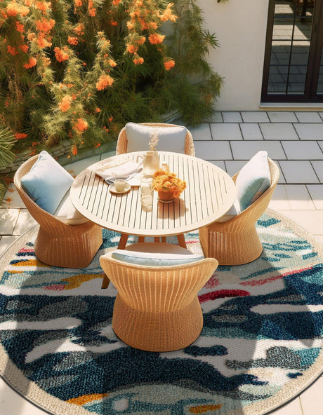 Multicolor 6' 1 x 6' 1 Outdoor Casablanca Round Area Rug Weather Resistant for Patio, Deck, Terrace, Balcony, Porch Polypropylene Vivid Colorful Modern Carpet for Sale at Rug Engine