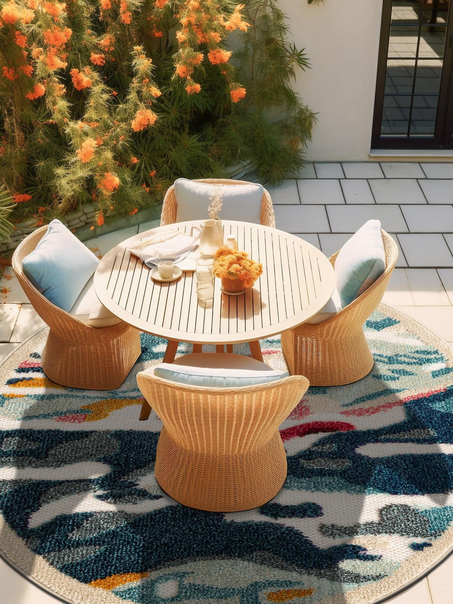 Multicolor 3' 1 x 3' 1 Outdoor Casablanca Round Area Rug Weather Resistant for Patio, Deck, Terrace, Balcony, Porch Polypropylene Vivid Colorful Modern Carpet for Sale at Rug Engine