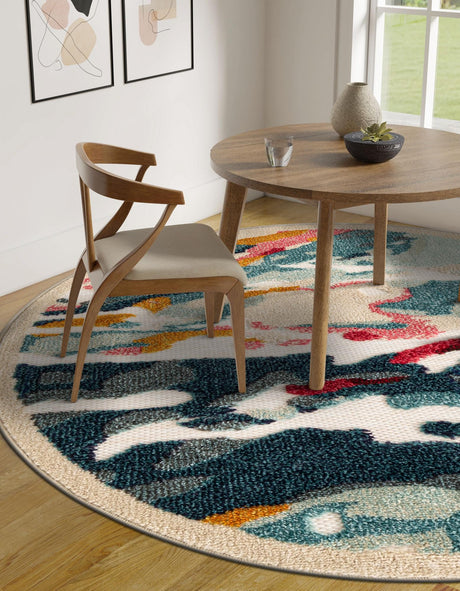 Multicolor 6' 1 x 6' 1 Outdoor Casablanca Round Area Rug Weather Resistant for Patio, Deck, Terrace, Balcony, Porch Polypropylene Vivid Colorful Modern Carpet for Sale at Rug Engine