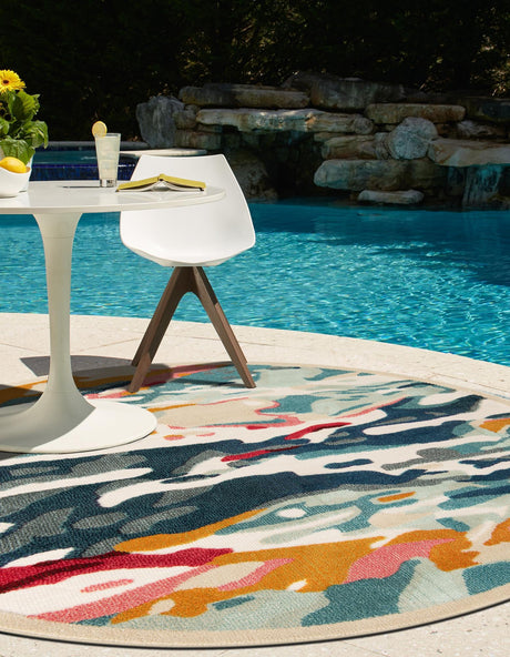 Multicolor 6' 1 x 6' 1 Outdoor Casablanca Round Area Rug Weather Resistant for Patio, Deck, Terrace, Balcony, Porch Polypropylene Vivid Colorful Modern Carpet for Sale at Rug Engine