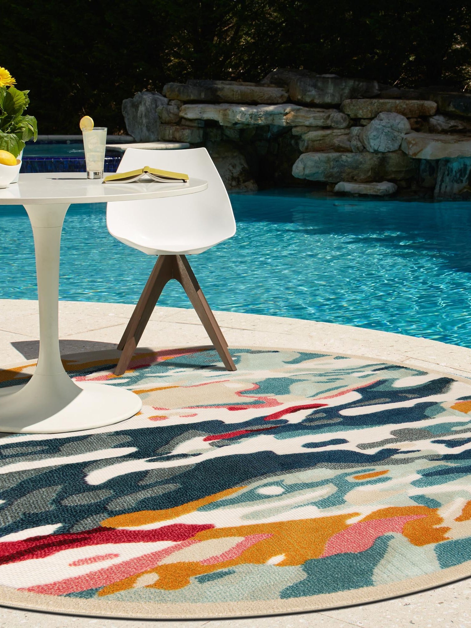 Multicolor 7' 10 x 7' 10 Outdoor Casablanca Round Area Rug Weather Resistant for Patio, Deck, Terrace, Balcony, Porch Polypropylene Vivid Colorful Modern Carpet for Sale at Rug Engine