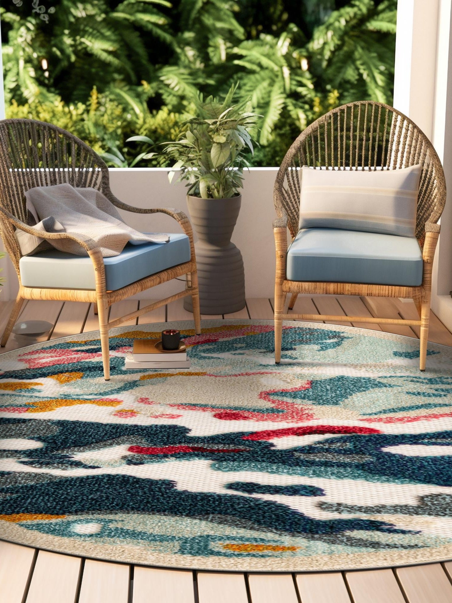 Multicolor 7' 10 x 7' 10 Outdoor Casablanca Round Area Rug Weather Resistant for Patio, Deck, Terrace, Balcony, Porch Polypropylene Vivid Colorful Modern Carpet for Sale at Rug Engine