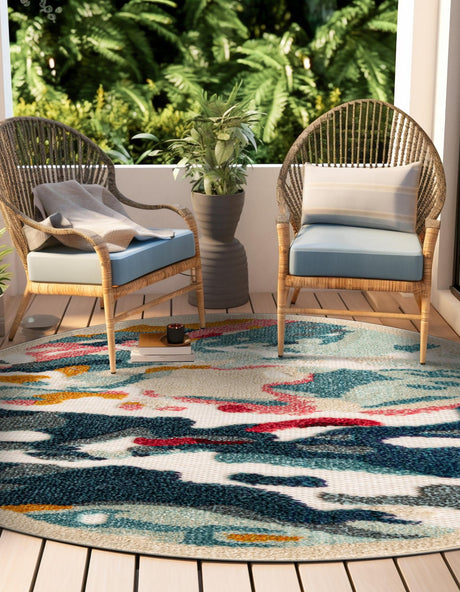 Multicolor 7' 10 x 7' 10 Outdoor Casablanca Round Area Rug Weather Resistant for Patio, Deck, Terrace, Balcony, Porch Polypropylene Vivid Colorful Modern Carpet for Sale at Rug Engine