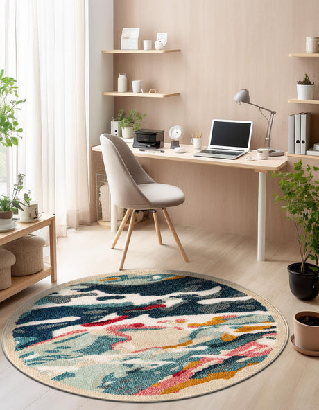 Multicolor 7' 10 x 7' 10 Outdoor Casablanca Round Area Rug Weather Resistant for Patio, Deck, Terrace, Balcony, Porch Polypropylene Vivid Colorful Modern Carpet for Sale at Rug Engine