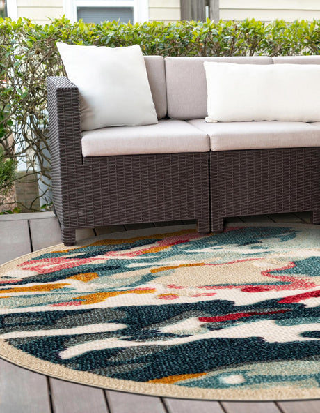 Multicolor 6' 1 x 6' 1 Outdoor Casablanca Round Area Rug Weather Resistant for Patio, Deck, Terrace, Balcony, Porch Polypropylene Vivid Colorful Modern Carpet for Sale at Rug Engine