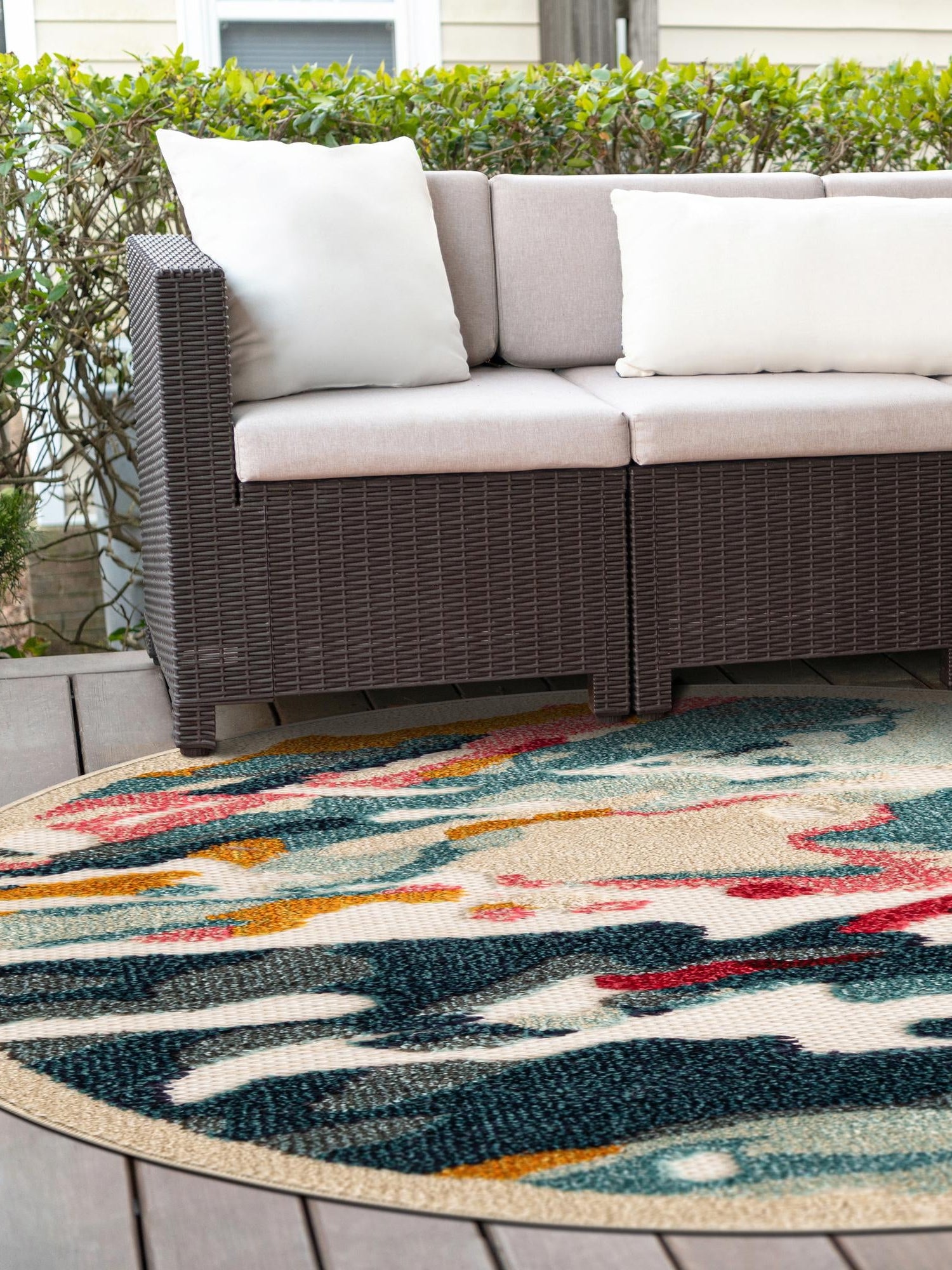 Multicolor 7' 10 x 7' 10 Outdoor Casablanca Round Area Rug Weather Resistant for Patio, Deck, Terrace, Balcony, Porch Polypropylene Vivid Colorful Modern Carpet for Sale at Rug Engine