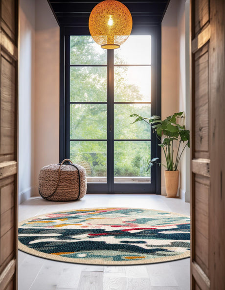 Multicolor 6' 1 x 6' 1 Outdoor Casablanca Round Area Rug Weather Resistant for Patio, Deck, Terrace, Balcony, Porch Polypropylene Vivid Colorful Modern Carpet for Sale at Rug Engine