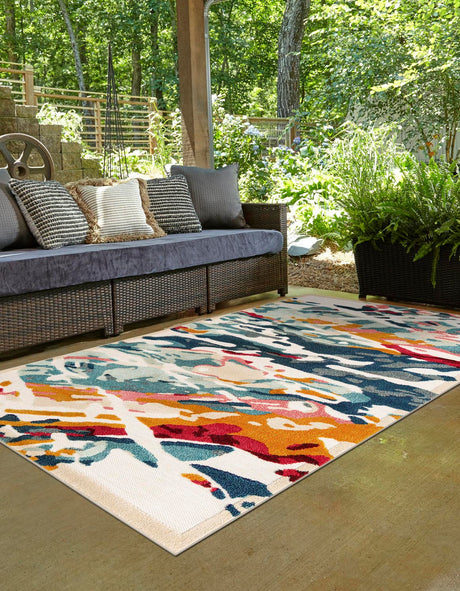 Multicolor 6' 1 x 9' Outdoor Casablanca Rectangle Area Rug Weather Resistant for Patio, Deck, Terrace, Balcony, Porch Polypropylene Vivid Colorful Modern Carpet for Sale at Rug Engine